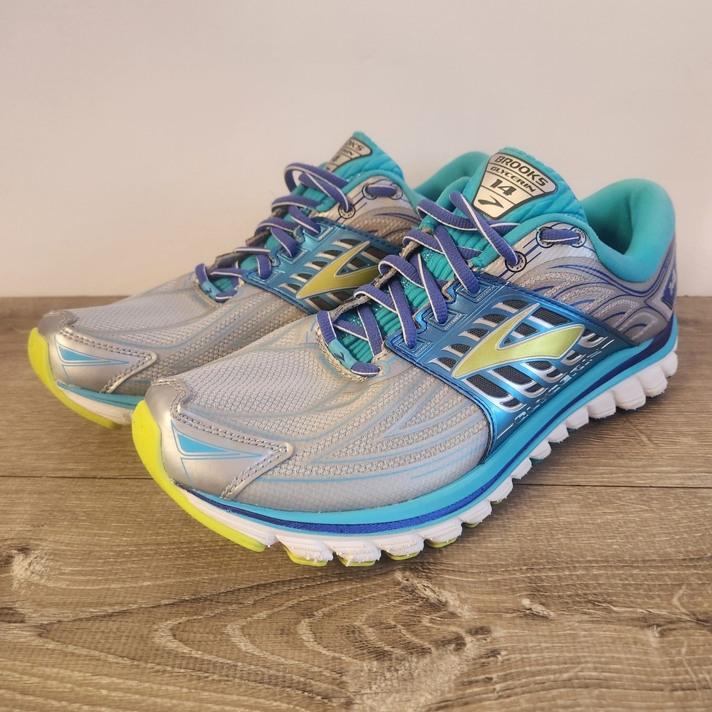 Brooks Glycerin 14 Womens Running Shoes Silver Blue Lime Green 1202171B054